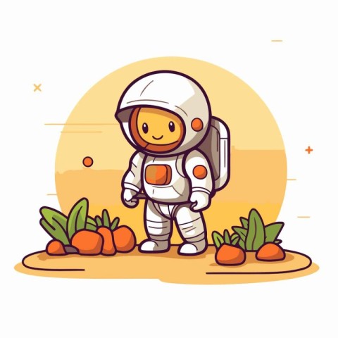 Astronaut on the orange background. Cute cartoon vector illustra