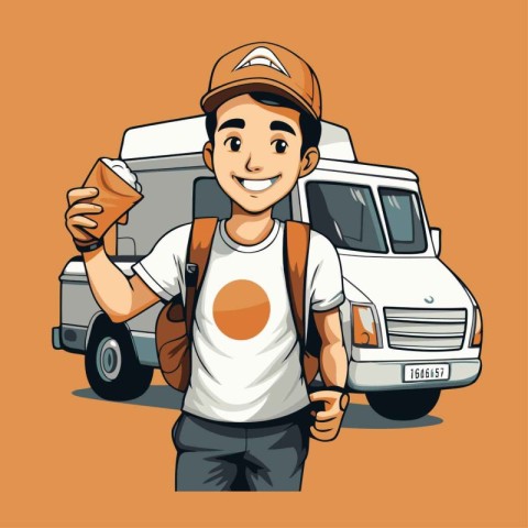 Vector illustration of a delivery man holding a coffee cup and a