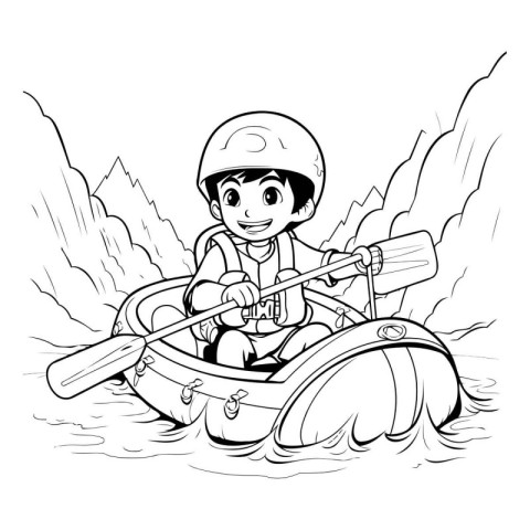 Boy in a kayak. Coloring book for kids. Vector illustration.