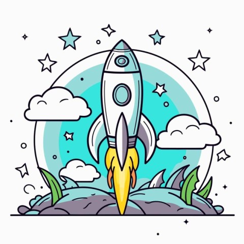 Vector illustration of space rocket in flat linear style with st