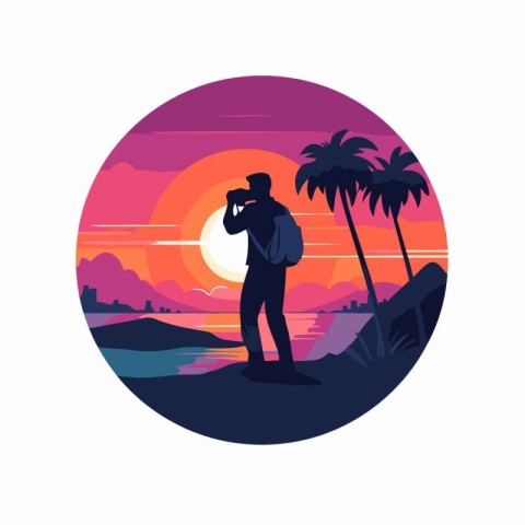 Photographer taking picture of sunset. Vector illustration in fl