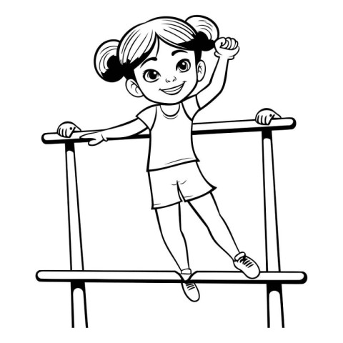 Little girl doing pull ups on parallel bars. Black and white vec