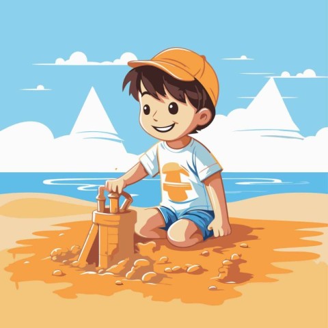 boy playing with sand on the beach. Vector illustration in carto