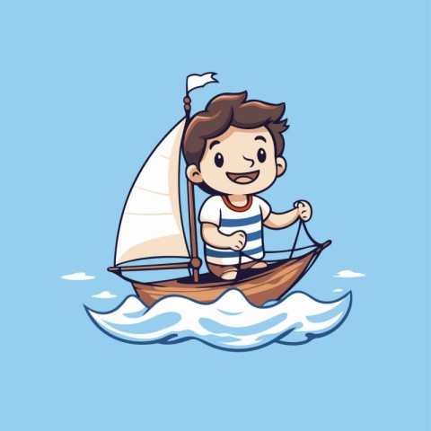 Cute boy sailing on a sailboat. Vector cartoon illustration.