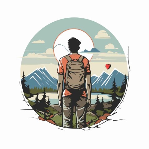 Hiker with a backpack on the background of mountains. Vector ill