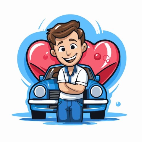 Vector illustration of a man in love with a car and hearts.