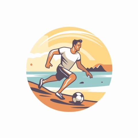 Soccer player on the beach. Vector illustration in retro style.