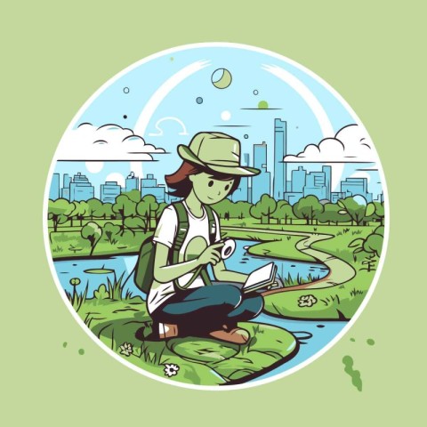 Girl with backpack and map in the city park. Vector illustration