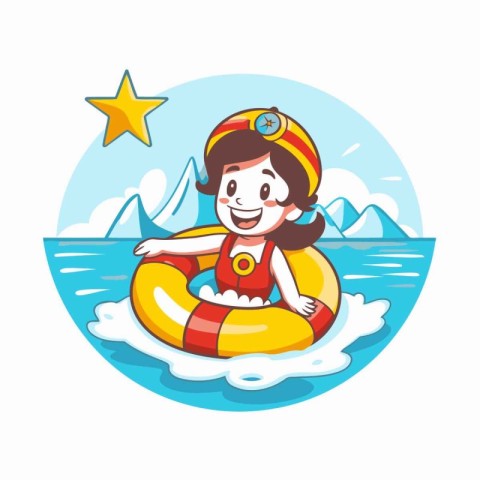 Cute little girl with lifebuoy in the sea. Vector illustration.