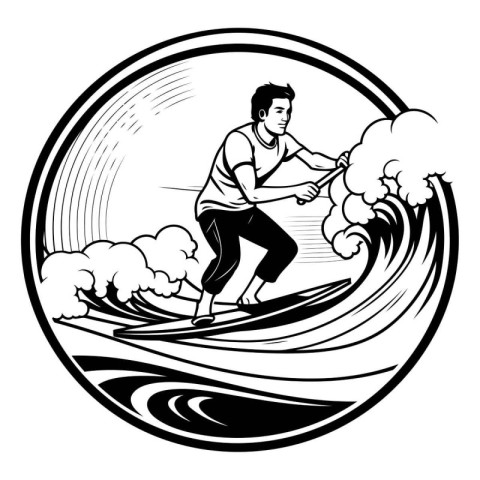 Retro style illustration of a surfer riding a wave viewed from s