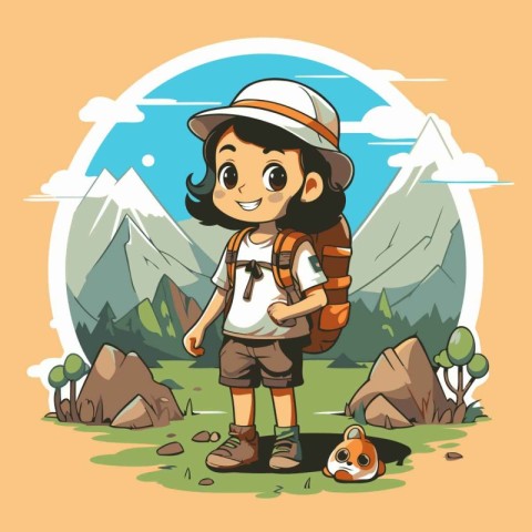 Cute boy with backpack hiking in the mountains. Vector illustrat