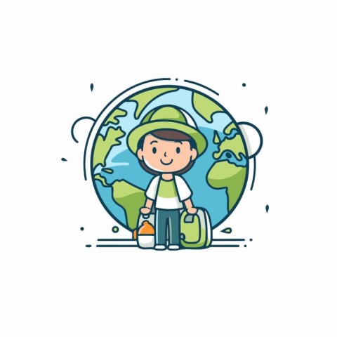 Vector illustration of a boy with a globe. Earth day concept.