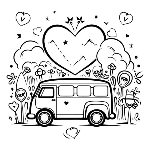 Vector hand drawn doodle illustration of a retro van with hearts