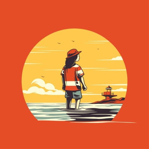 Tourist on the beach. Vector illustration in a flat style.