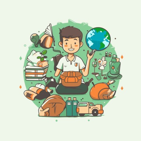 Cute boy with backpack and set of things. Vector illustration.