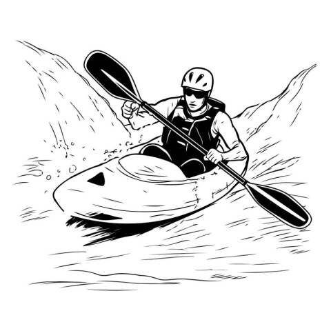 Man paddling in kayak. black and white vector illustration.