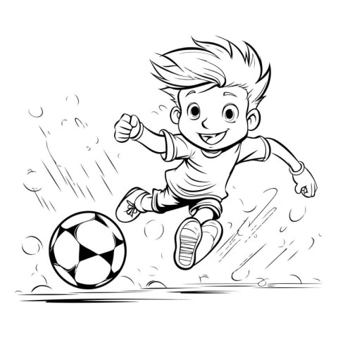 Cartoon Soccer player jumping and kicking the ball. Vector illus