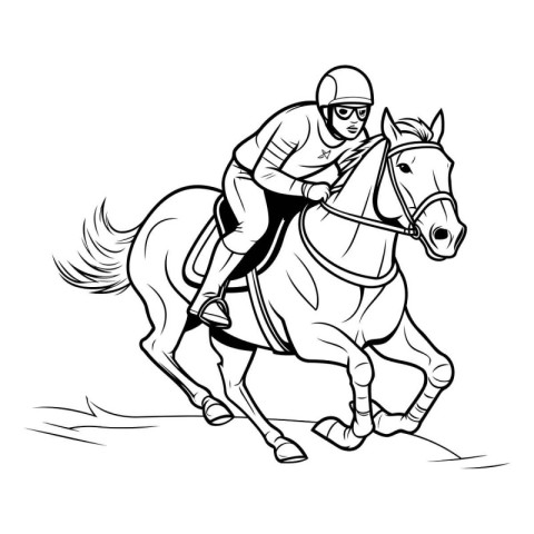 Jockey riding a horse. Black and white vector illustration isola