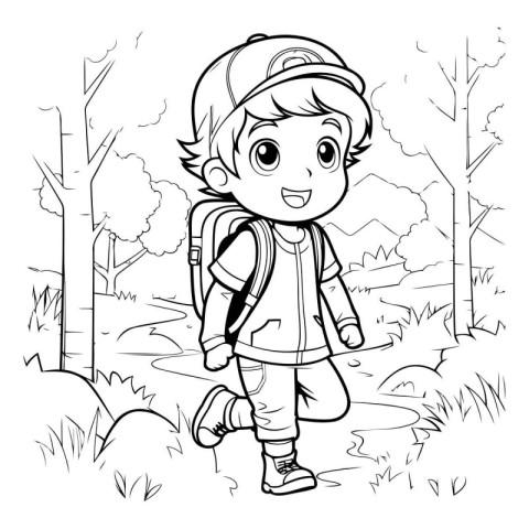 Coloring Page Outline Of a Cute Little Boy Hiking