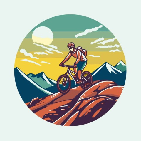 Mountain biker riding on the top of the mountain. vector illustr