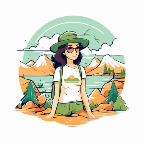 Tourist girl in hat and sunglasses on background of mountains. V