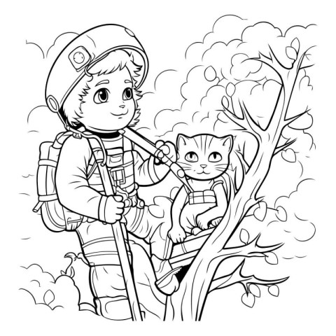 Hiker boy with cat and tree. Vector illustration for coloring bo