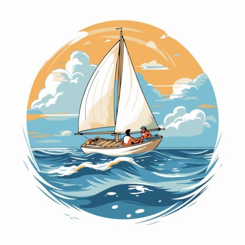 Sailing boat on the sea. Vector illustration in cartoon style.