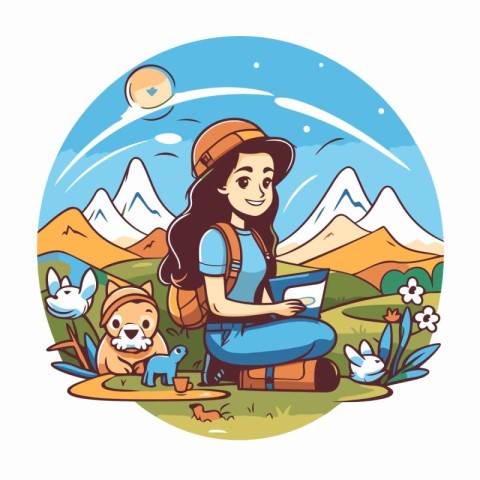 Hiker girl with dog. Vector illustration in a flat style.