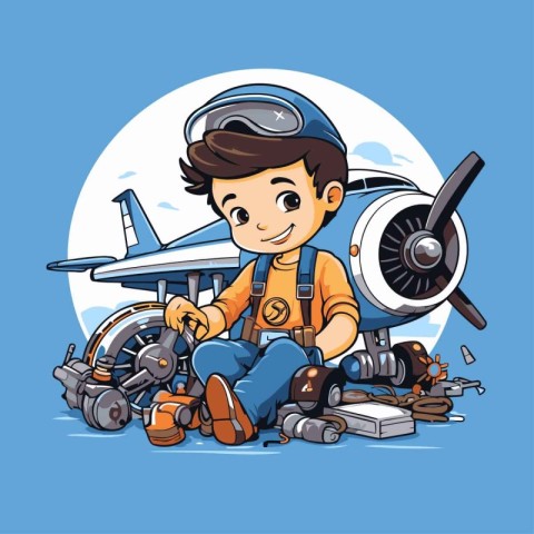 Vector illustration of a boy in a helmet sitting on the ground a