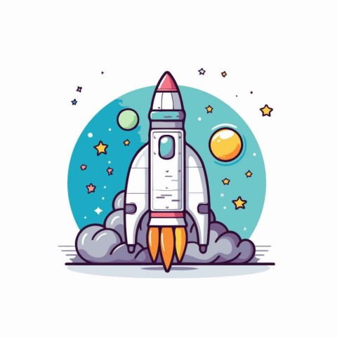 Rocket in space. Vector illustration in flat cartoon style on a