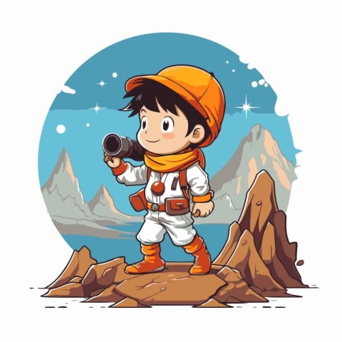 Cute little boy in space suit with binoculars. Vector illustrati