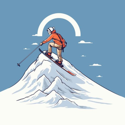 Skiing man on the top of the mountain. Vector illustration