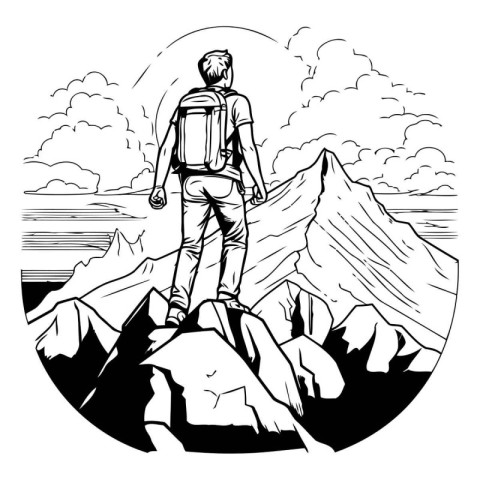 Hiker standing on the top of the mountain. black and white vecto