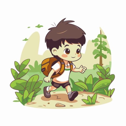 Cute boy hiking in the forest. Vector illustration in cartoon st