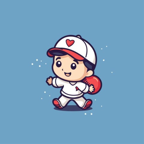 Cute cartoon baseball player with ball and cap. Vector illustrat