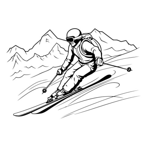 Skiing. Skier skiing downhill. Black and white vector illustrati