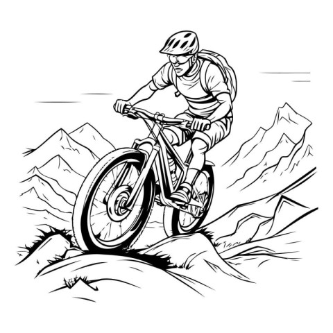 Mountain biker. black and white vector illustration isolated on