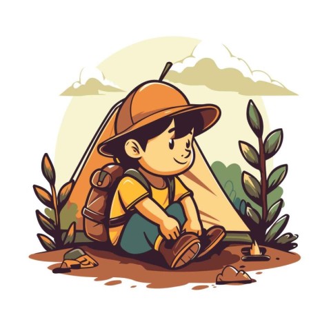 Boy scout sitting on the ground in the forest. Vector illustrati