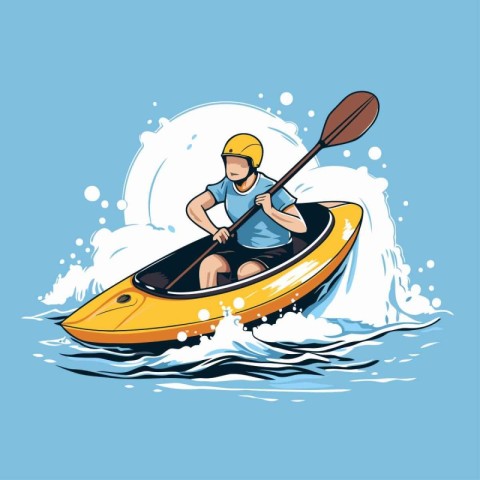 Kayaking in the sea. Vector illustration of a man in a kayak.