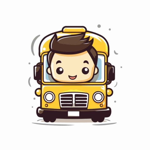 Cute Schoolboy Riding School Bus Vector Cartoon Character Illust