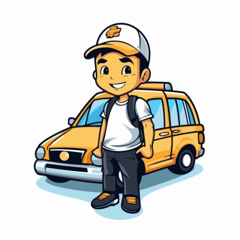 Vector illustration of a boy with a backpack and a yellow taxi.