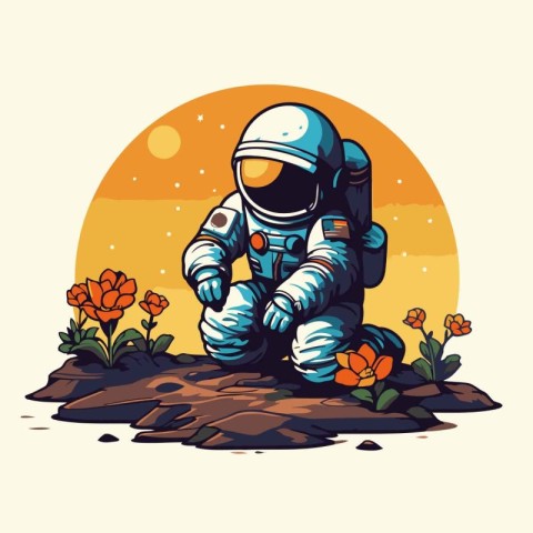 Astronaut sitting on the ground with flowers. Vector illustratio