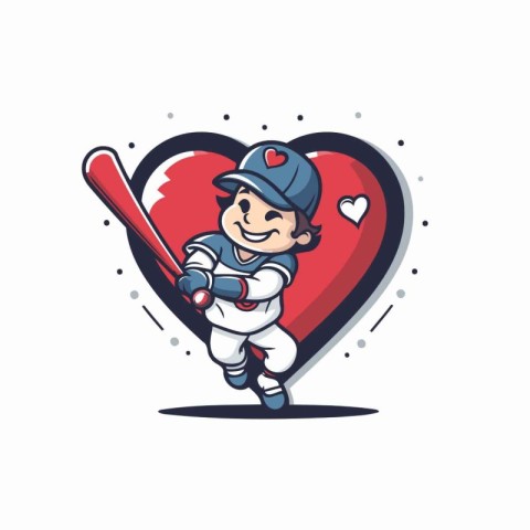 Cartoon baseball player with a baseball bat and a heart. Vector