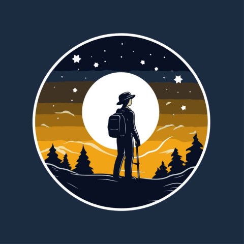 Hiker with backpack and hat on the background of the night fores