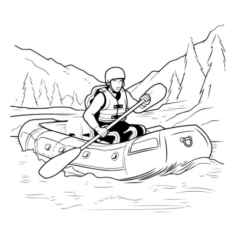 Man paddling in a kayak. Black and white vector illustration.