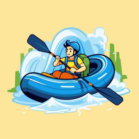 Man in a kayak on the river. Cartoon vector illustration.