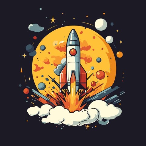 Rocket launch in the space. Vector illustration isolated on blac