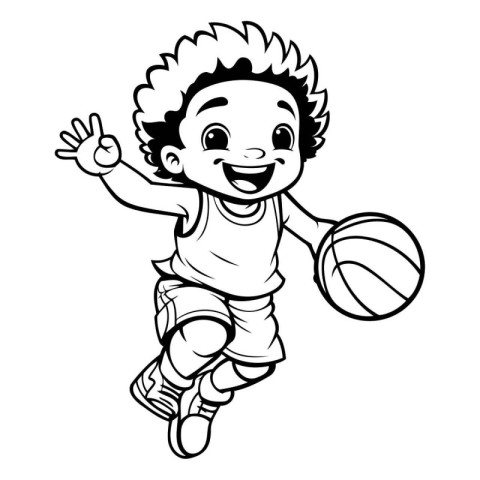 Little Boy Playing Basketball - Black and White Cartoon Illustra