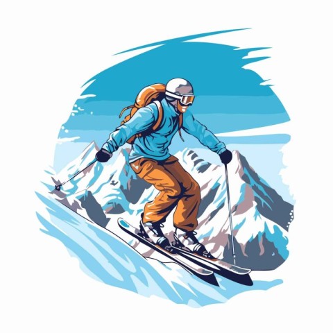 Snowboarder skiing downhill in mountains. Hand drawn vector illu