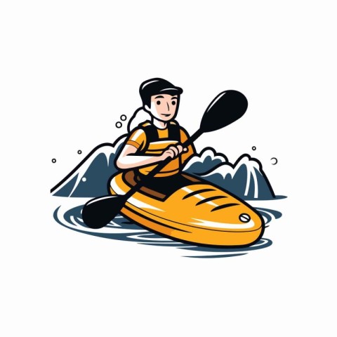 Man kayaking on the river. Vector illustration in cartoon style.